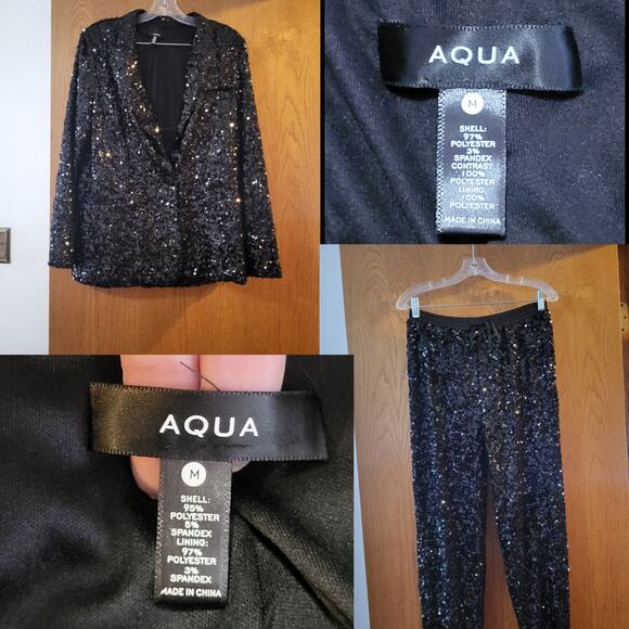 AQUA Bloomingdale's Exclusive Black Sequin Party Blazer Jogger Set EUC Medium - Picture 1 of 7